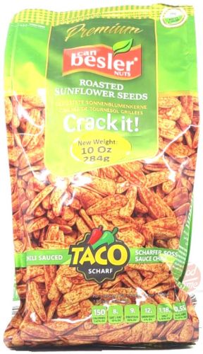 Besler Crack it! roasted sunflower seeds, taco chili sauced flavor, 300-gram bags (case of 16)