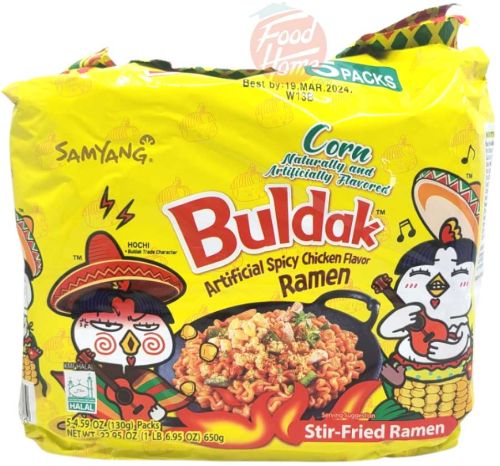 Samyang Buldak corn; spicy chicken flavor ramen, stir-fried, 4.59-ounce packs, 5-packs in wrapper (case of 8)