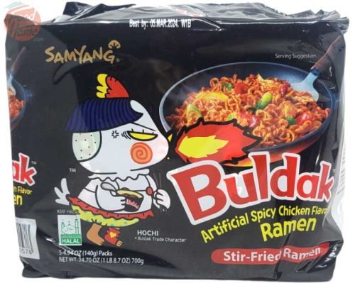 Samyang Buldak spicy chicken flavor stir-fried ramen noodles, 5x4.94-ounce packs in wrapper (case of 8)