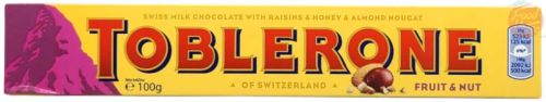 Toblerone of Switzerland swiss milk chocolate with raisins & honey & almond nougat, 100-grams in box (case of 20)