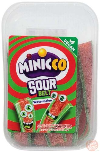 Minicco Sour Belt watermelon flavored sour soft candy, 200-gram plastic tubs in box (case of 24)