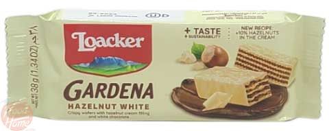 Loacker Gardena hazelnut filled wafers with white chocolate coating, 38-gram bars in wrapper in box (case of 25)