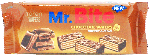 Mr. Bite chocolate wafers, crunchy & cream 38-gram wrapper, case of 24, master case of 6 display boxes