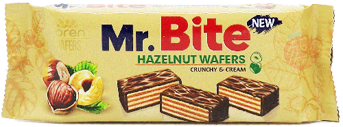 Mr. Bite hazelnut wafers, crunchy & cream, 38-gram wrapper, case of 24, master case of 6 display boxes