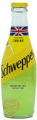 Schweppes lemon-mint sparkling soda, contains fruit pulp, 250-ml glass bottle, case of 12