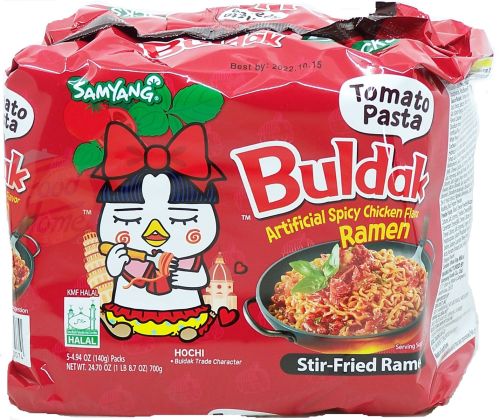 Buldak tomato pasta spicy chicken flavor stir-fried ramen, 4.94-ounce packs, pack of 5, case of 8x5-packs