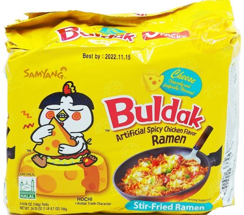 Samyang Buldak cheese spicy chicken flavor stir-fried ramen, 4.94-ounce package, pack of 5, case of 8x5-packs