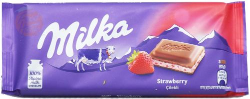 Milka strawberry filled chocolate candy bar 100-gram wrapper in box, (case of 22)