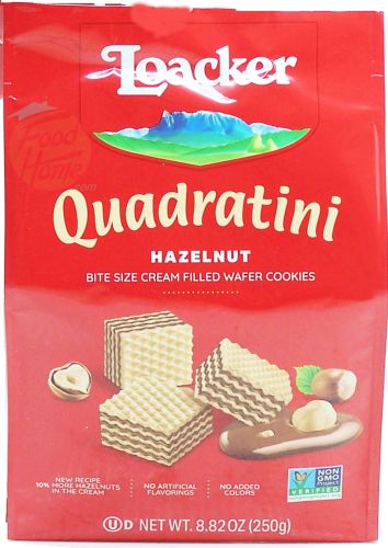 Loacker Quadratini hazelnut bite size cream filled wafer cookies 250-gram bag in box (case of 6)