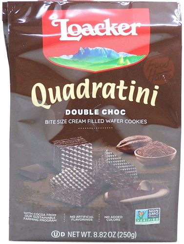 Loacker Quadratini Double Choc bite size cream filled wafer cookies 250-gram bag in box (case of 6)