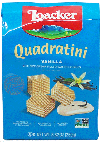 Loacker Quadratini vanilla bite size wafer cookies 250-gram bag in box (case of 6)