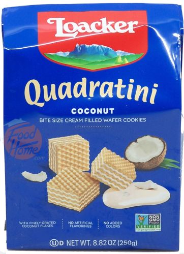 Loacker Quadratini coconut bite size cream filled wafer cookies 250-gram bag box (case of 6)