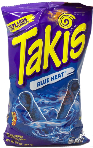 Barcel Takis Blue Heat hot chili pepper flavored tortilla chips 9.9-ounce bag in box (case of 14)