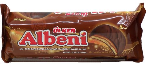 Ulker Albeni milk chocolate coated biscuit with caramel flavored filling, 8-pieces 12.13-ounce packages (case of 12)