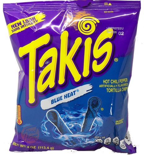 Barcel Takis Blue Heat hot chili pepper flavor tortilla chips 4-ounce bag in box (case of 20)