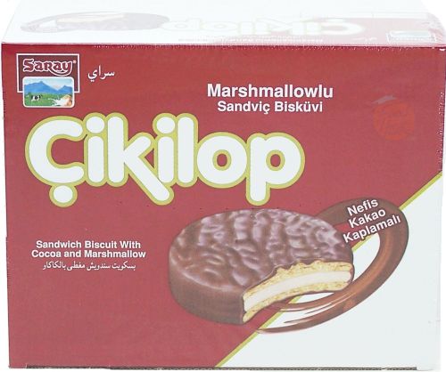 Saray Cikilop sandwich biscuit with cocoa and marshmallow 1-count boxes (case of 6)