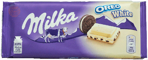 Milka Oreo White alpine milk chocolate & cookie candy bar 100-gram wrapper in box (case of 22)