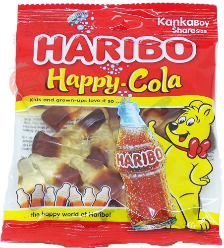 Haribo Happy Cola bottle shaped gummy candy 80-gram bags in box (case of 30)