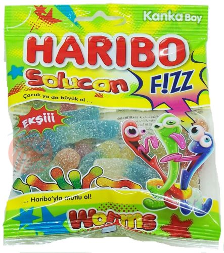 Haribo Solucan F!ZZ gummy worms candy 70-gram bags in box (case of 24)