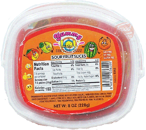 Yummy LOL sour fruit slices flavor gummies candy, 8-ounce plastic tub in box (case of 24)