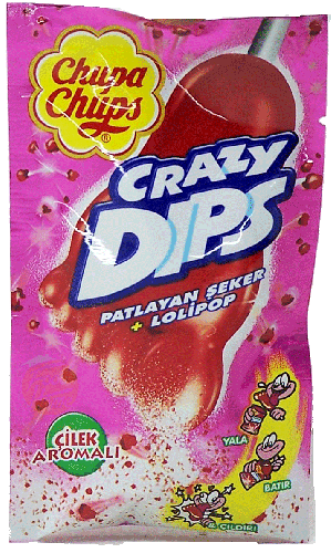 Chupa Chups(r) Crazy Dips patlayan seker + lolipop, cilek aromali in 24 x 16-gram packets in display box (master case of 12)