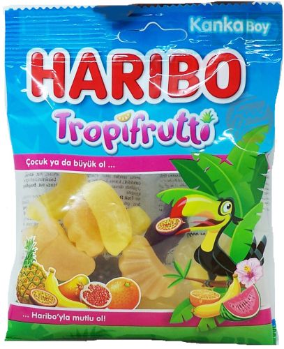 Haribo Tropifrutti tropical flavor gummy candy, 80-gram bags (case of 24)