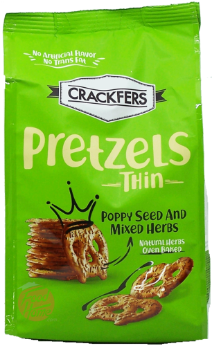 Crackerfers Thin pretzels, poppy seed and mixed herbs, over baked, 12.3-ounce bags (case of 12)