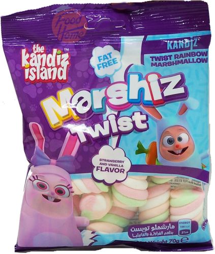 Kandiz Marshiz Twist marshmallow candy, rainbow color, 24 x 70-gram bags display box