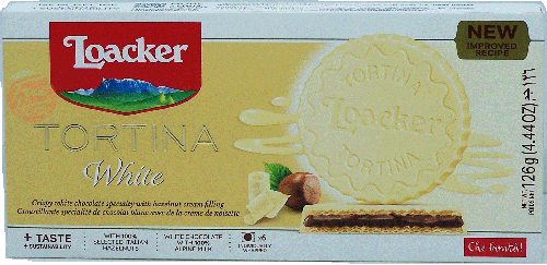 Loacker Tortina white chocolate with hazelnut cream filling, 6-individually wrapped, 126-gram boxes (case of 12)