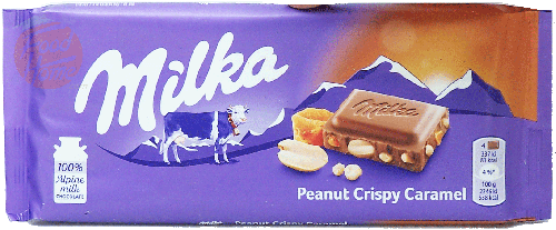 Milka peanut crispy caramel candy bar with milk chocolate, 100-gram bars in wrapper (case of 24)