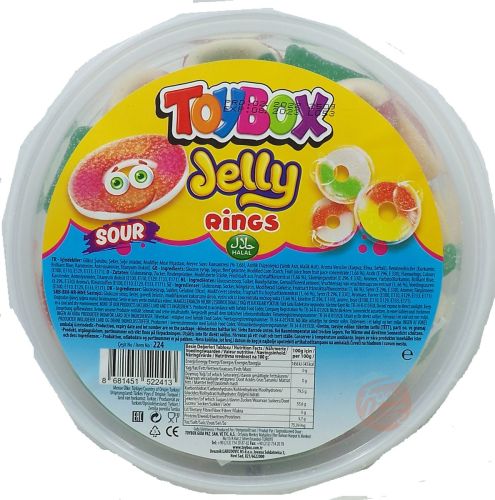 Toy box Jelly sour rings gummie candy, 100-gram plastic bowl (case of 12)