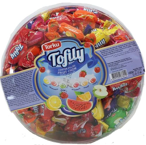 Torku Tofily center filled fruit soft candy, individually wrapped 1000g Plastic Jar(s) case of 8