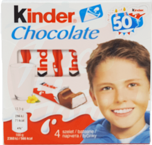 Kinder chocolate, 4 szelet / batoane, 100-gram box, case of 20, master case of 8 display cases