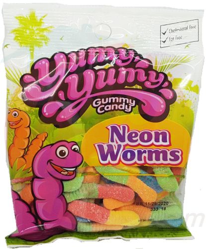 Yummy Yummy Neon Worms gummy candy 4.5oz Hanging Bag