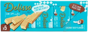 Delisso coconut flavor cream filled sugar wafers, 5-packs in box, 200-gram (case of 20)