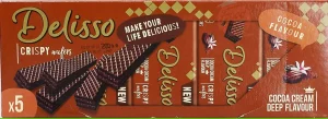 Delisso cocoa flavor cream filled sugar wafers, 5-packs in boxes (case of 20)
