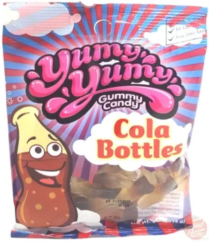 Yummy Yummy cola bottles gummy candy, 4-ounce hanging bags (case of 12)