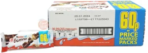 Kinder Bueno milk chocolate covered hazelnut filled wafer bars, 2-finger, 21.5-gram wrappers, 60p price marked