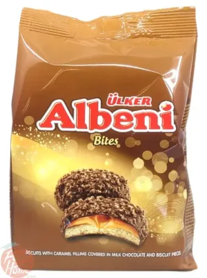 Ulker Albeni Bites; Bites; biscuits with caramel filling covered in milk chocolate and biscuit pieces, 144-grams (case of 12)