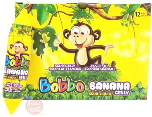 Bobbo Banana sour liquid candy, tropical flavor, 12x50-ml plastic banana shape in display box (case of 6)