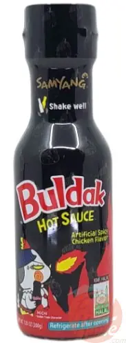 Samyang Buldak hot sauce, spicy chicken flavor, 7-ounce / 200-gram plastic bottles in box (case of 24)