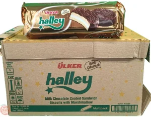 Ulker halley milk chocolate coated sandwich biscuits with marshmallow, 240-gram wrapper tubes (case of 12)