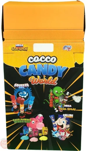 Cocco Candy World shipper stand; rolling candy-40, sour powder bubble gum-39, squeeze gel-30, mega sour spray-35 shipper in box, 144-pieces
