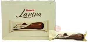 Ulker Laviva candy bar with milk chocolate, dark chocolate filling and cocoa biscuit, 24x35-gram bars in display