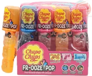 Chupa Chups(r) Fr-Ooze Pop fruit flavored lollipop with candy gel, 12x26-gram shaped plastic in display box