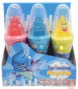 Candy Bell spinning poop pop lollipop, 12x15-gram shaped plastic in display, various flavors