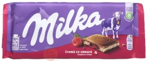 Milka raspberry creme filled milk chocolate 100-gram candy bar in wrapper in display box (case of 22)