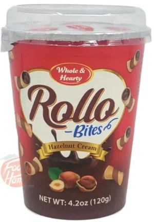 Whole & Hearty Rollo Bites; wafer pieces with hazelnut cream filling in 30x120-gram cups and 54x25-gram Waffo Roll canisters in display shipper