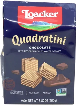 Loacker Quadratini chocolate bite size wafer cookies 250-gram bag box (case of 6)