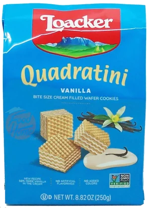 Loacker Quadratini vanilla bite size wafer cookies 250-gram bag in box (case of 6)